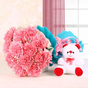 12 Pink Carnations in Blue and White Paper Packing with Teddy Bear (6 inches)