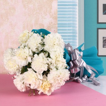 12 White Carnations in Blue Paper Packing