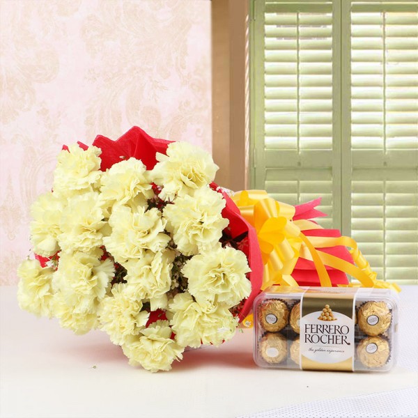 15 Yellow Carnations in Red Paper Packing with a box of 16 pcs of Ferrero Rocher Chocolates