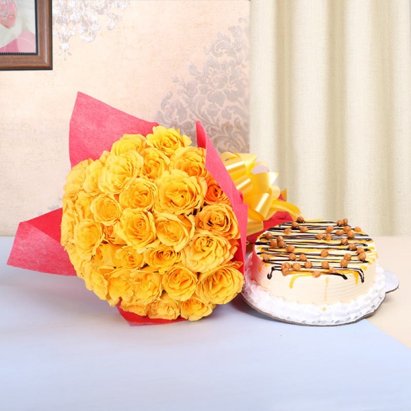 25 Yellow Roses in Red Paper with Butterscotch Cake (Half Kg)