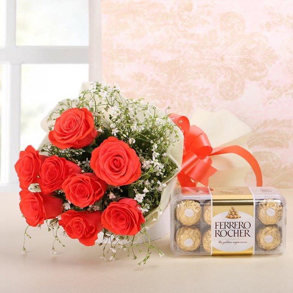 8 Orange Roses in White paper with Ferrero Rocher (16 pcs)