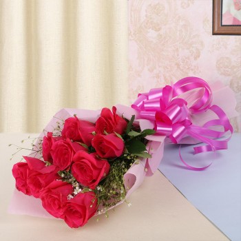 10 Hot Pink Roses in Paper Packing