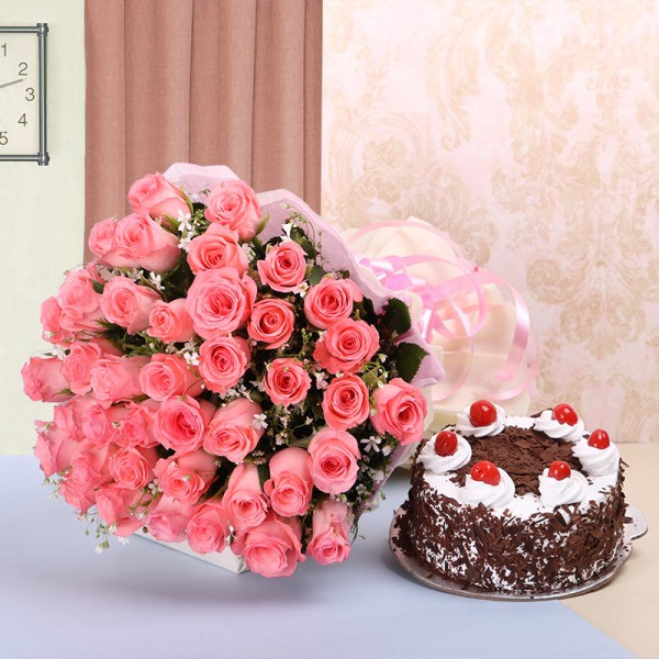 40 Pink Roses in White and Pink Paper with Black Forest Cake (Half Kg)