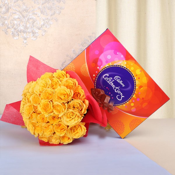 25 Yellow Roses in Red Paper with Cadbury's Celebrations (131.3gms)