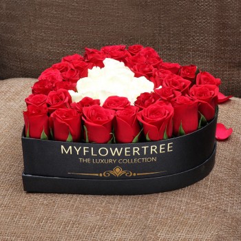 50 Assorted Roses in MFT Special Heart Black Box