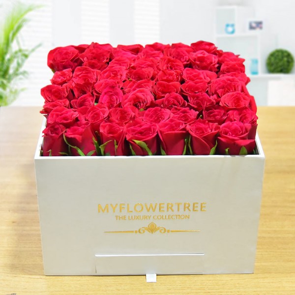 30 Red Roses in a White Signature Velvet Box with 12 Handmade Chocolates