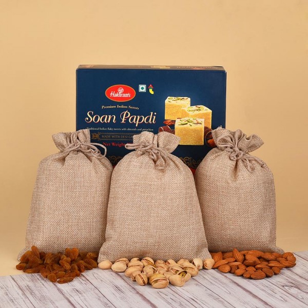 Soan Papdi with Dryfruit Potli of Almond,Cashew and Raisins