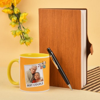 Combo of Wooden Textured Dairy and Yellow Handle Mug for Parents
