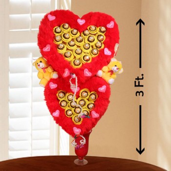 Heart Shape of 32 Pcs Ferrero Rocher Chocolate and 2 Teddy Bear 6 inches in a Glass Vase