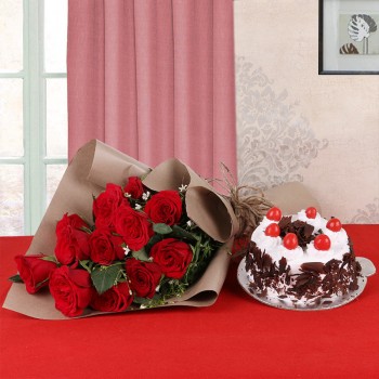 12 Red Roses in Brown Paper with Black Forest Cake (Half Kg)