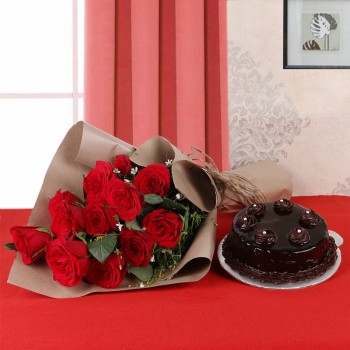 12 Red Roses in Brown Paper with Truffle Cake (Half Kg)