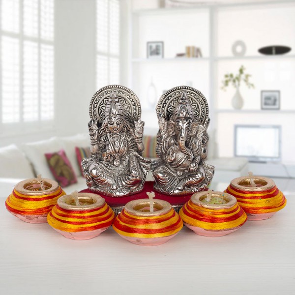 Diwali Diyas with Silver Plated Metal Laxmi Ganesha