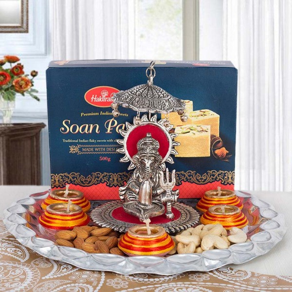 Pooja Thali with Silver Plated Ganesha and Diwali Diyas with Soan Papdi