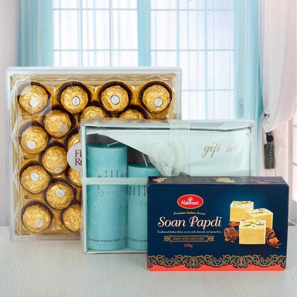Pillar Candle Scented with Soan Papdi and 24 Pcs Ferrero Rocher Chocolate