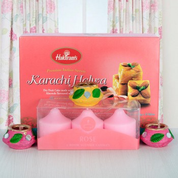 Pack of Scented Candles with Haldiram Karachi Halwa and Diyas for Diwali