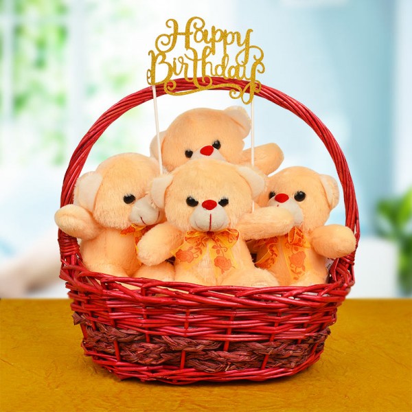 4 Teddy Bear In A Basket For Birthday