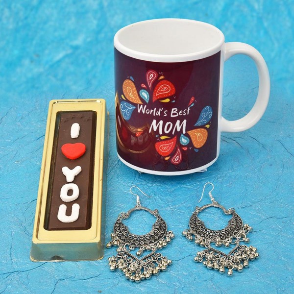 Set of Mug, Chocolate and Earrings for Mother