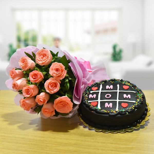 Pink Roses N Chocolate Cake For Mom