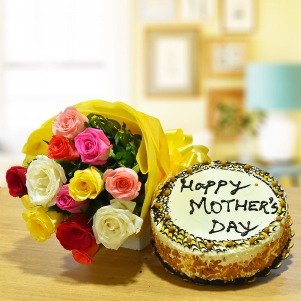 12 Mixed Roses Bouquet with Half Kg Butterscotch Cake for Mothers Day