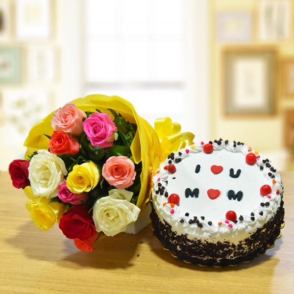 12 Mixed Roses Bouquet with Half Kg Black Forest Cake for Mom