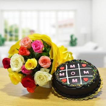 12 Mixed Roses with Half Kg Chocolate Cake for Mother