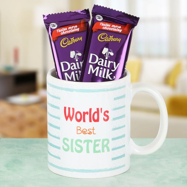 Best Sister Printed Coffee Mug with 2 Dairy Milk Silk Chocolate