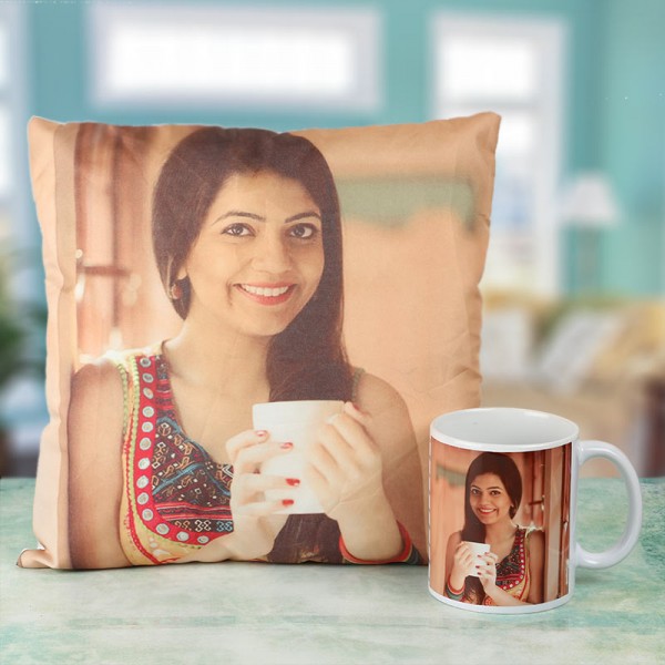 Personalised Rakhi Combo of Coffee Mug and Cushion for Sister
