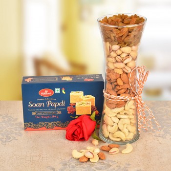 Vase full of Almond,Cashew,Pista,Raisins with Soan Papdi