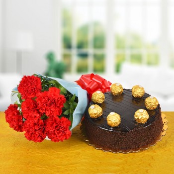 6 Red Carnations Bouquet with Half Kg Ferrero Chocolate Cake