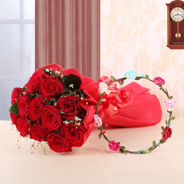 12 Red Roses in Red Paper with 1 Tiara