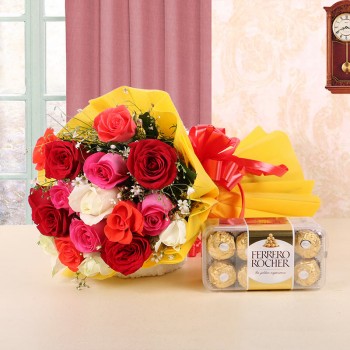 12 Assorted Roses in Yellow Paper with Ferrero Rocher (16pcs)
