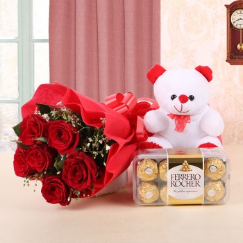 6 Red Roses in Red Paper, Red Bow with 1 Teddy Bear (6 inches) and Ferrero Rocher (16pcs)
