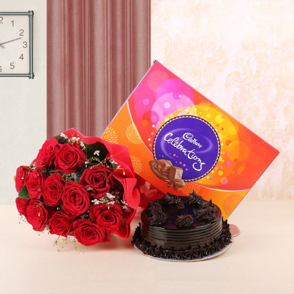 10 Red Roses in Red Paper with Truffle Cake (Half Kg) and Cadbury's Celebrations (131.1 gms)