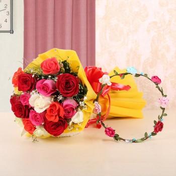 12 Assorted Roses in Yellow Paper with 1 Tiara