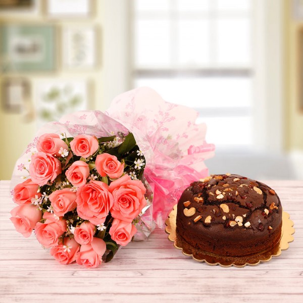 15 Pink Roses with Half Kg Plum Cake