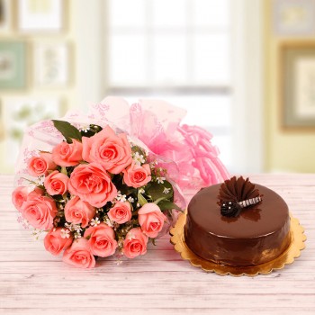 12 Pink Roses and Half Kg Chocolate Cake