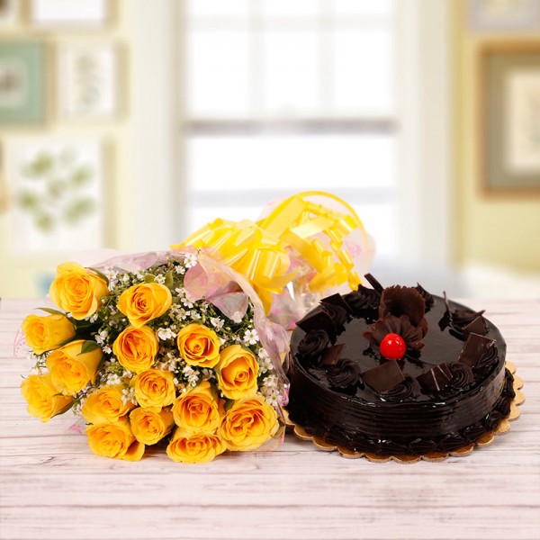 15 Yellow Roses and 1 Kg Chocolate Truffle Cake