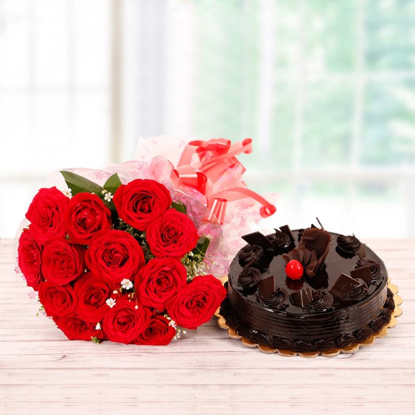 15 Red Roses Bouquet with 1 Kg Chocolate Truffle Cake