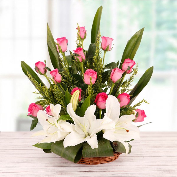 Floral Basket Arrangement of 12 Pink Roses and 2 White Asiatic Lilies