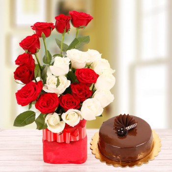 22 Roses( Red and White) in a Glass Vase with Half Kg Chocolate Cake