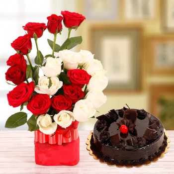22 Roses( Red and White) in A Glass Vase with 1 Kg Chocolate Truffle Cake