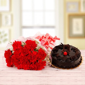 15 Red Carnations Bouquet with 1 Kg Chocolate Truffle Cake