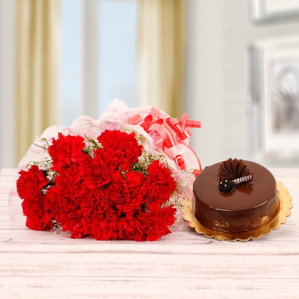 15 Red Carnations Bouquet and Half Kg Chocolate Cake