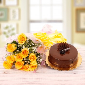 15 Yellow Roses and Half Kg Chocolate Cake
