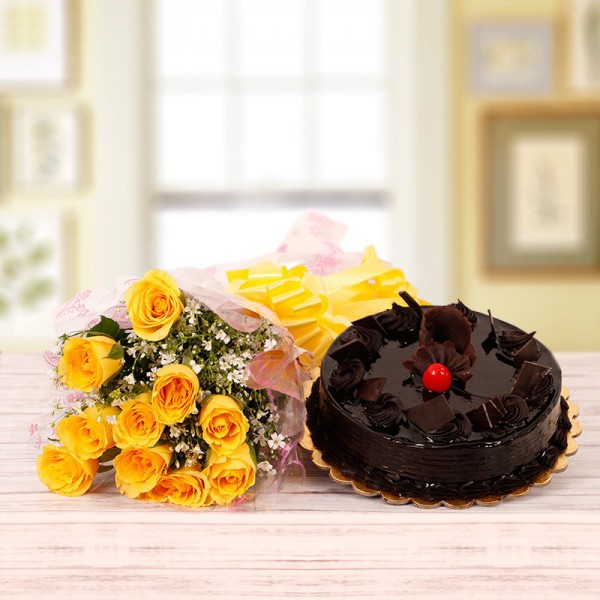 15 Yellow Roses with 1 Kg Chocolate Truffle Cake
