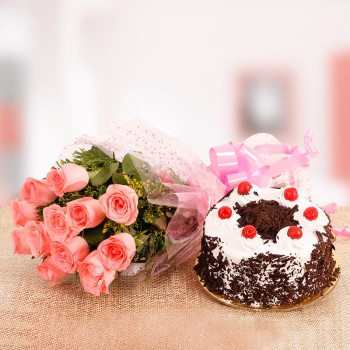 10 Pink Roses Bouquet with Half Kg Black Forest Cake