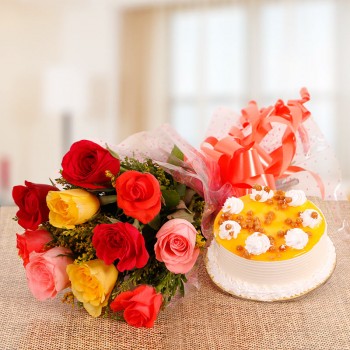 10 Mix Roses with Half Kg Butterscotch Cake