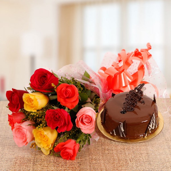 10 Mix Roses with Half Kg Chocolate Truffle Cake