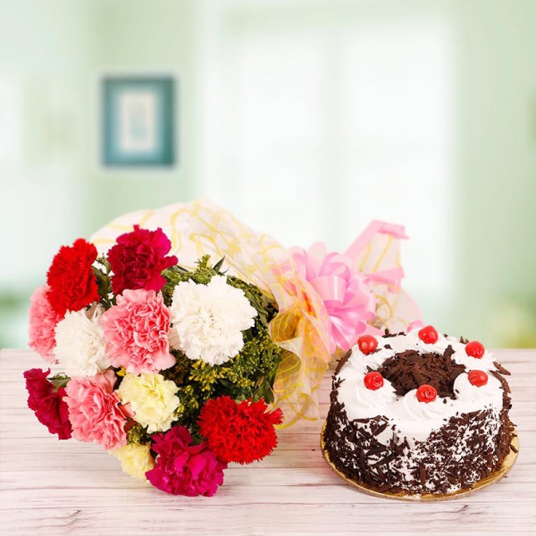 10 Mix Carnations with Half Kg Black forest Cake