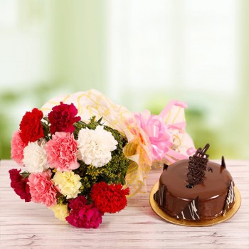 10 Mix Carnations Bouquet with Half Kg Chocolate Cake